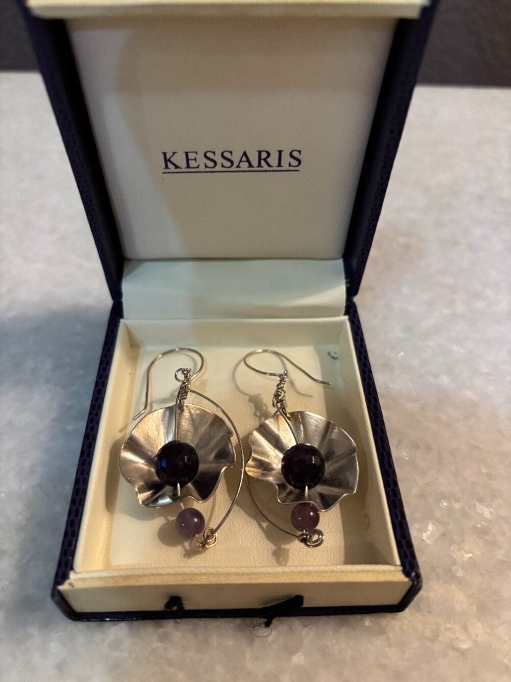 KESSARIS Greece Sterling Silver Amethyst Sculptural Ruffle Drop Earrings Boxed